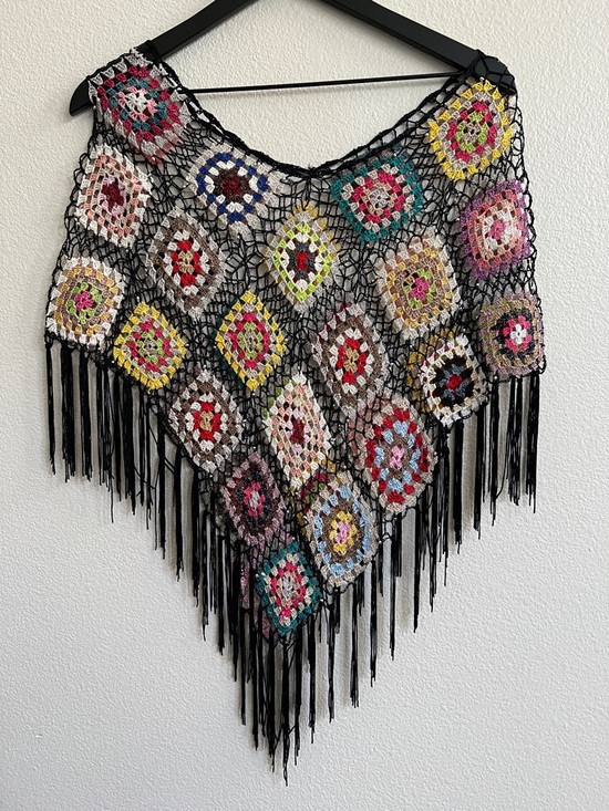 Handmade Sweaters - Handmade Crotchet Poncho Shawl Granny Square Fringe Multicolor/Black Beaded OS